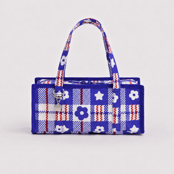 Structured rectangular retro plaid mini handbag with flower and star appliqués, silver star charm, and twin top handles