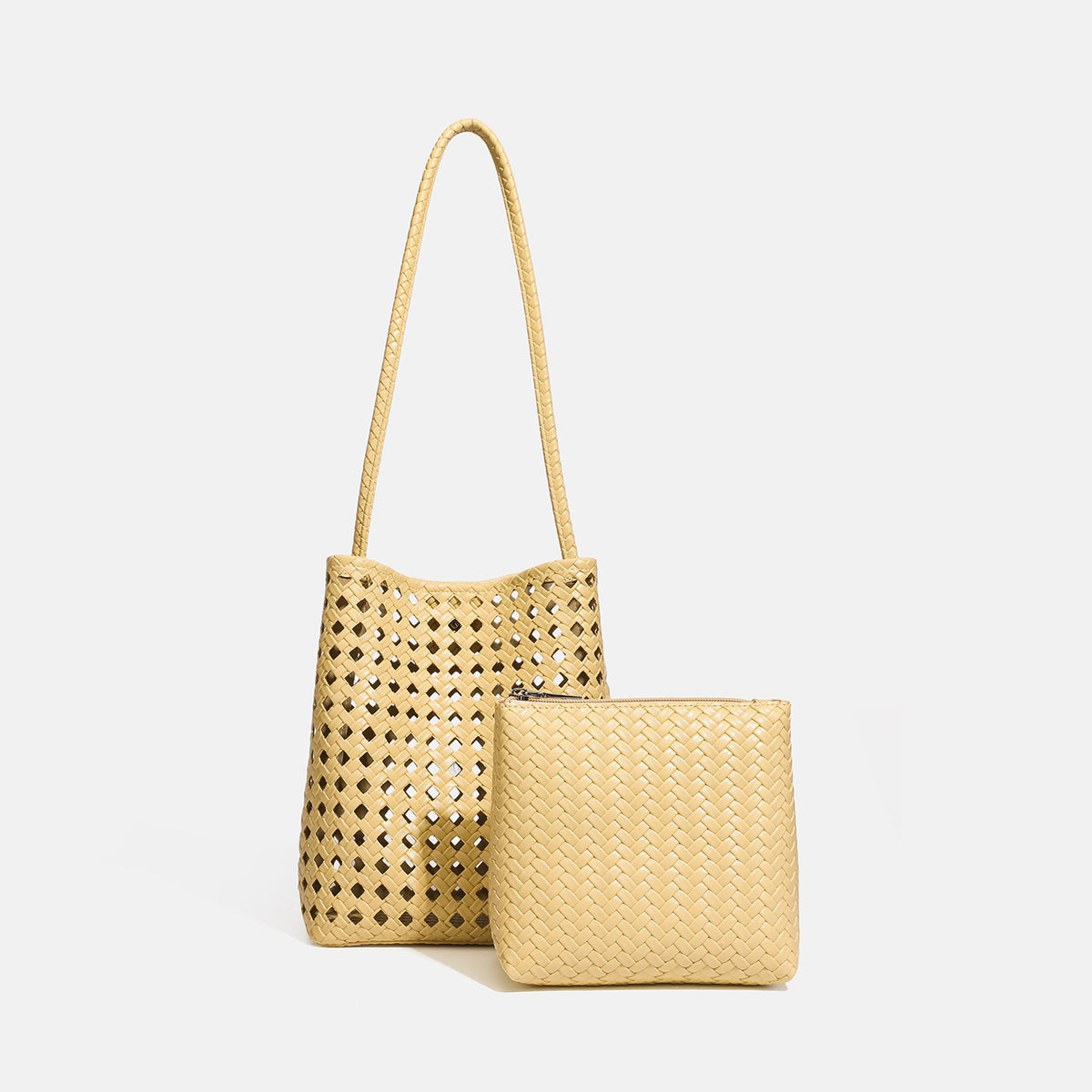 Altrosa Bucket-Bag aus offenmaschigem Webmaterial mit langem Flechtriemen und passender Innentasche mit Reißverschluss, Detailansicht 7