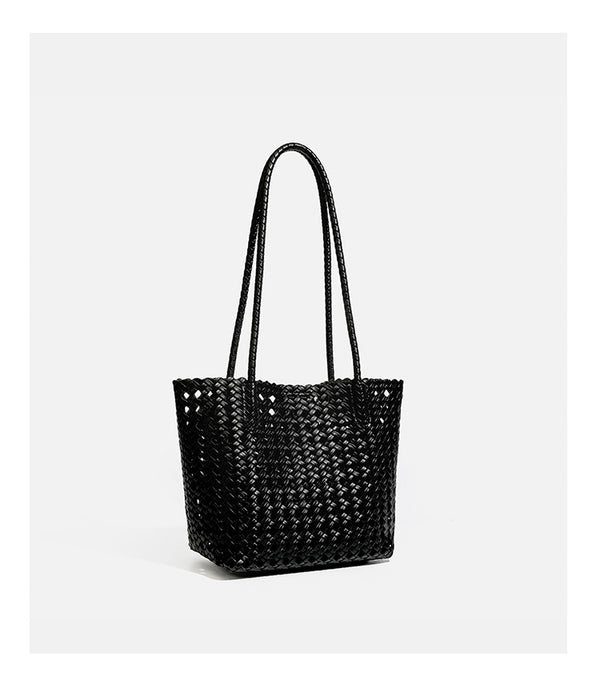 Chartreusefarbene, durchbrochen geflochtene Tote-Bag mit langen geflochtenen Schulterriemen und gewelltem oberen Rand, Detailansicht 27