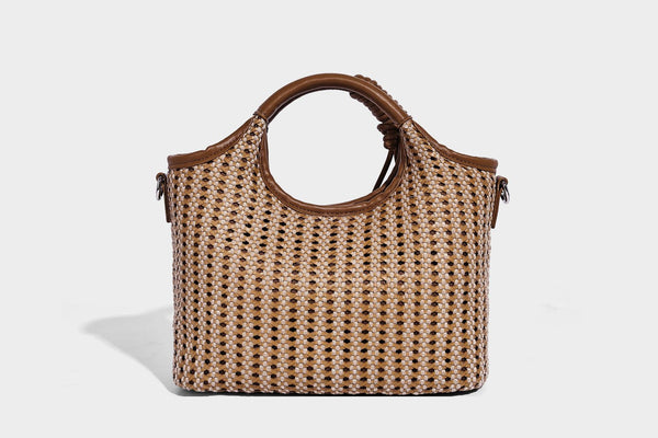 Small structured woven tote crossbody bag with ring top handle, leather-look brown trim, front patch pocket, and detachable
