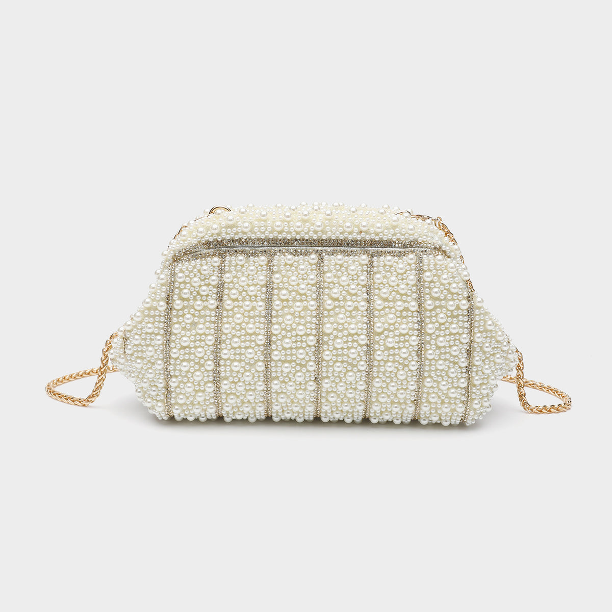 Structured faux-pearl beaded evening clutch bag with silver-tone chain strap and top zip closure, detail view 6
