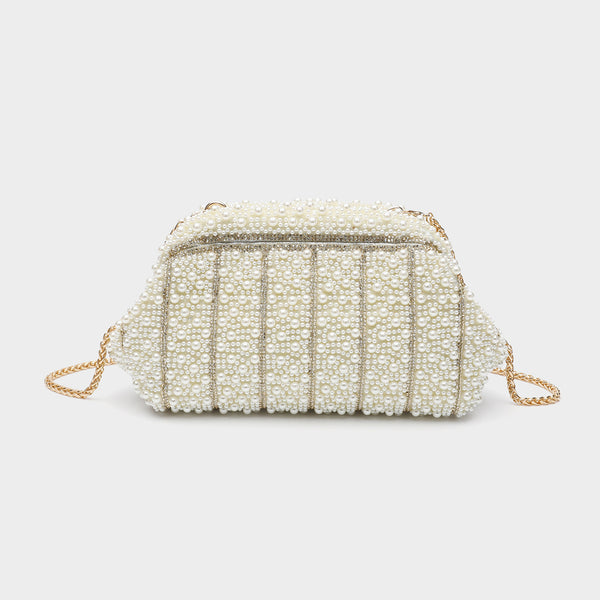 Structured faux-pearl beaded evening clutch bag with silver-tone chain strap and top zip closure, detail view 6