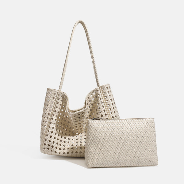 Slouchy open-lattice woven shoulder tote bag with long braided straps and matching zip pouch, detail view 7