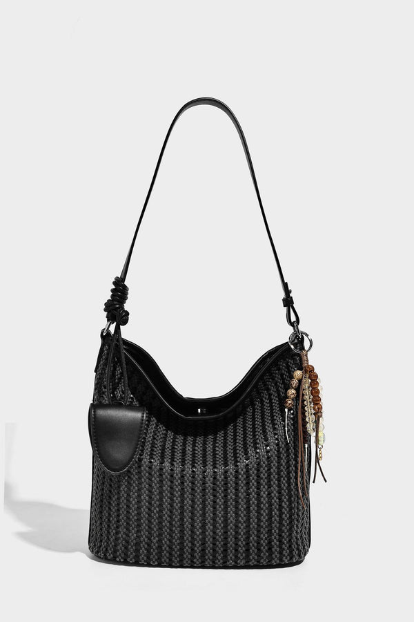 Slouchy open-weave hobo shoulder bag with leather-look trim, beaded tassel charm, and adjustable strap, detail view 12