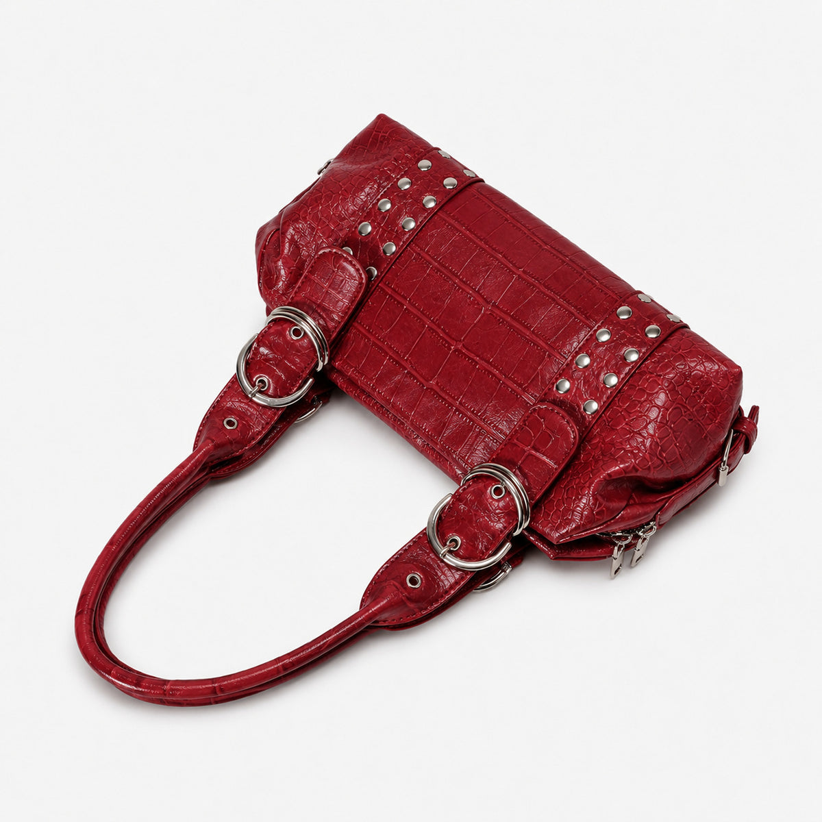Croc-embossed leather-look barrel satchel bag with silver ring buckle hardware and stud panel trim, detail view 13