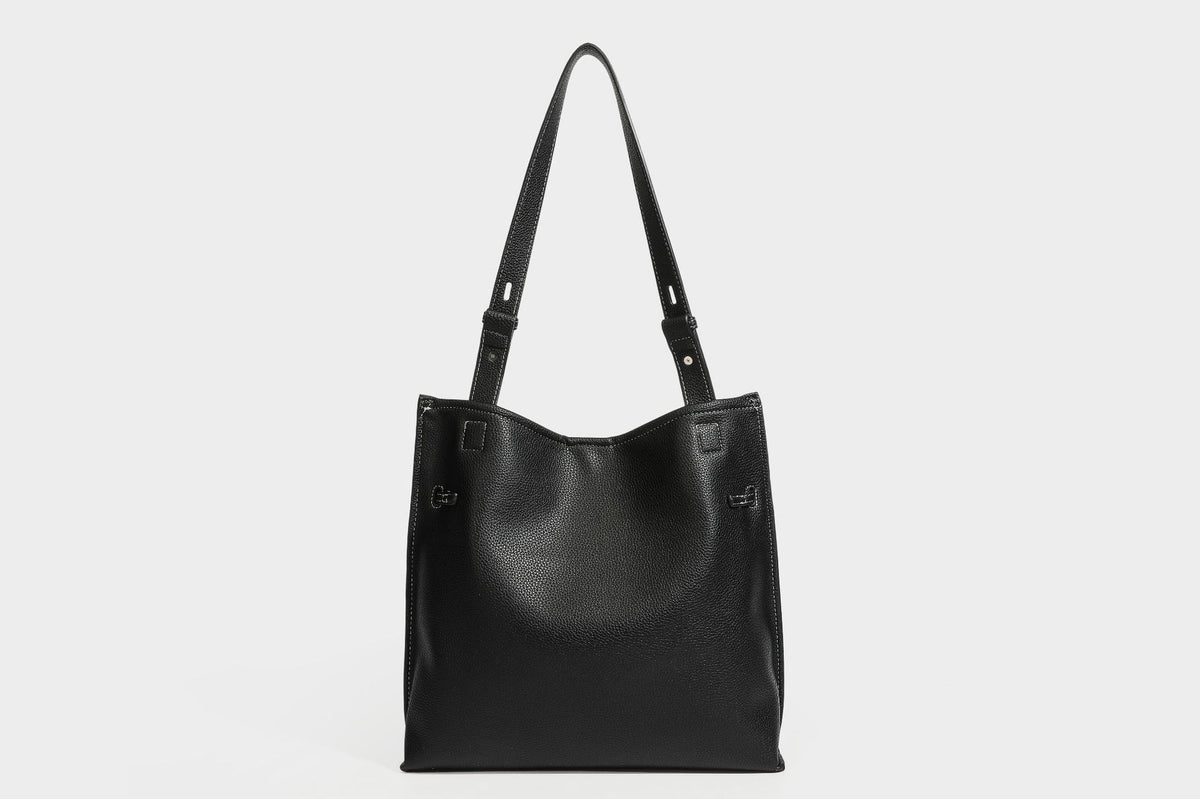 Pebbled leather-look tote bag with front toggle hardware and long shoulder strap, detail view 41