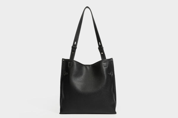 Pebbled leather-look tote bag with front toggle hardware and long shoulder strap, detail view 41