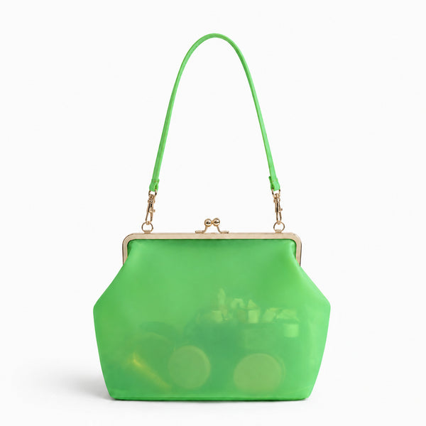 Structured translucent pastel frame-clasp shoulder bag with gold-tone hinged ball clasp and slim top handle, detail view 16