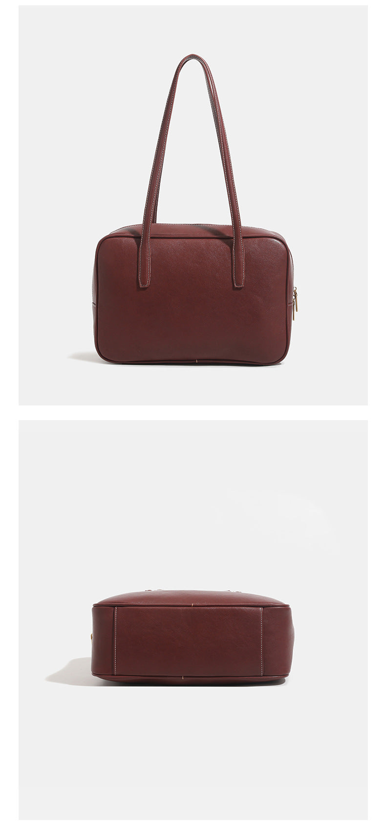 Structured rectangular leather-look shoulder bag with top zip, tassel and resin ring charm, and contrast topstitching, detail