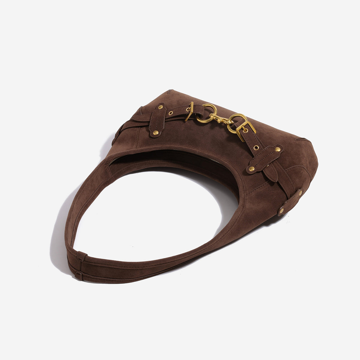Sichelförmige Hobo-Schultertasche mit goldfarbenen Ring- und Schnallenbeschlägen, Detailansicht 4
