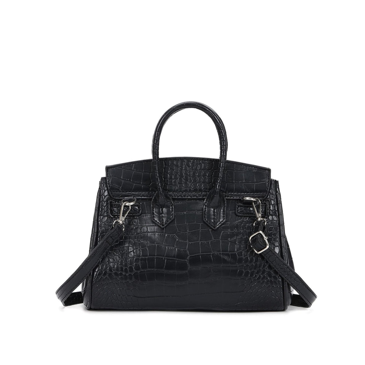 Croc-embossed structured trapezoid satchel with silver turn-lock hardware, rounded top handles, and detachable shoulder