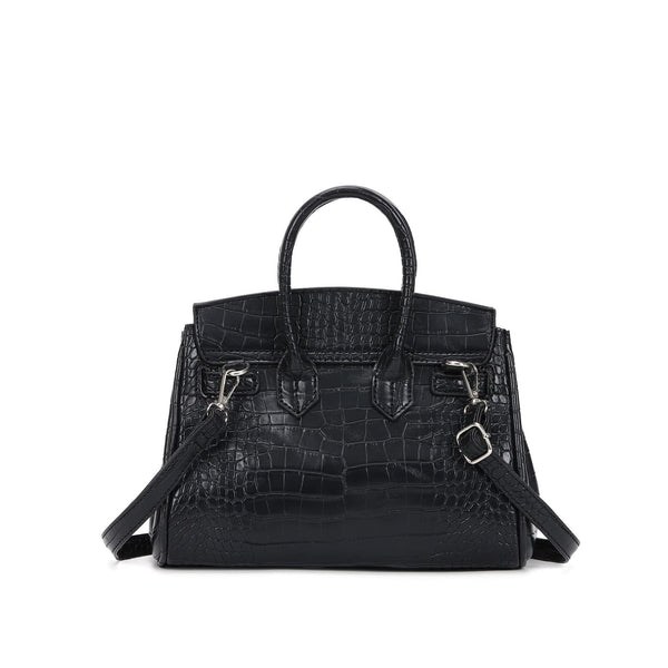 Croc-embossed structured trapezoid satchel with silver turn-lock hardware, rounded top handles, and detachable shoulder