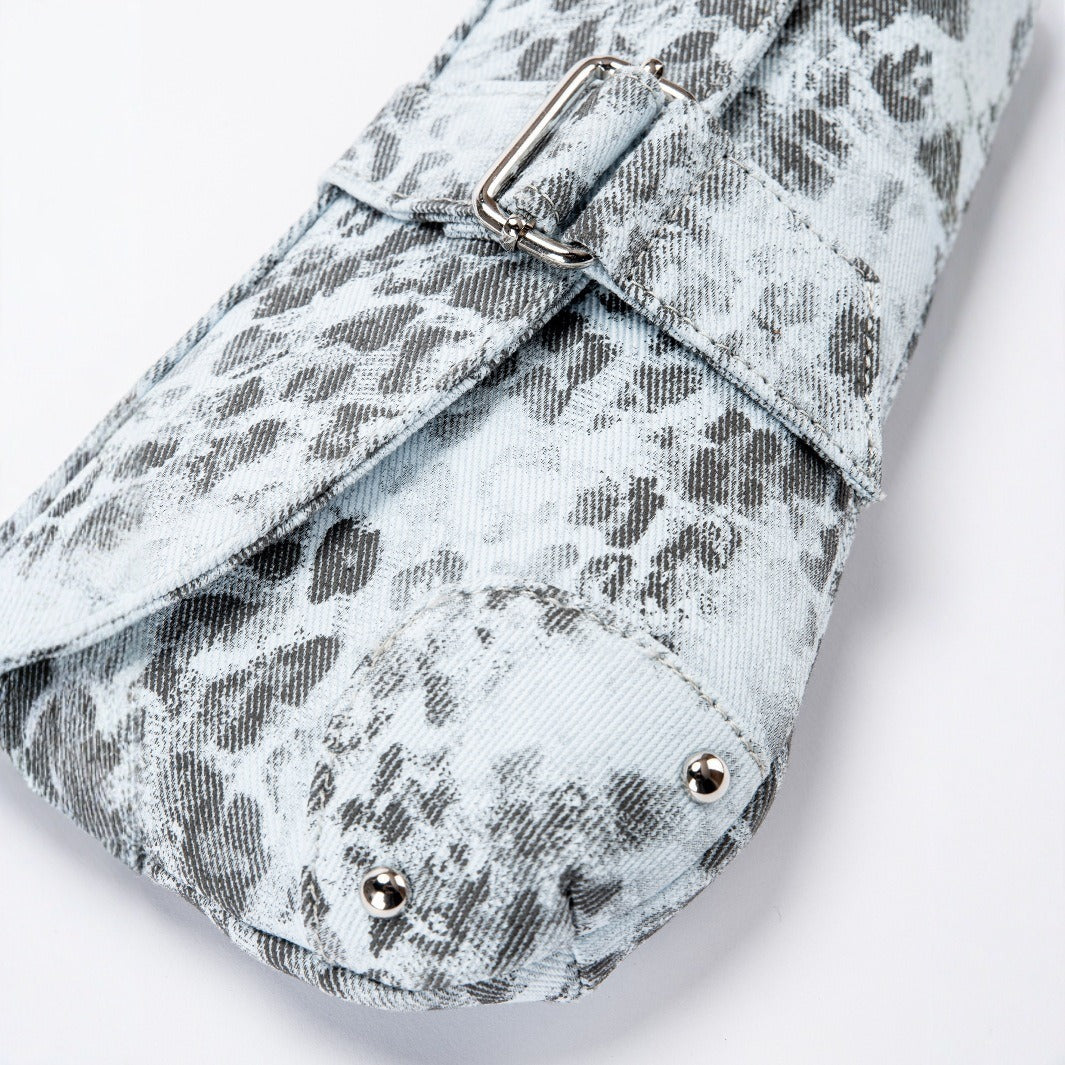 Small washed leopard print shoulder bag in blue-grey with silver buckle strap and stud accents, detail view 4