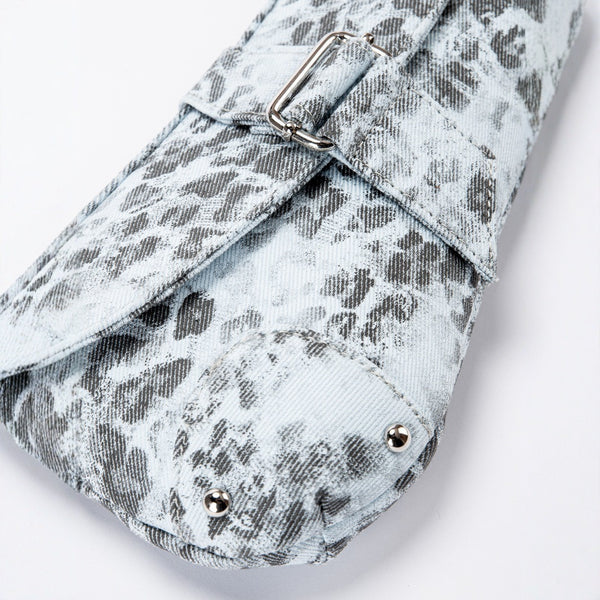 Small washed leopard print shoulder bag in blue-grey with silver buckle strap and stud accents, detail view 4