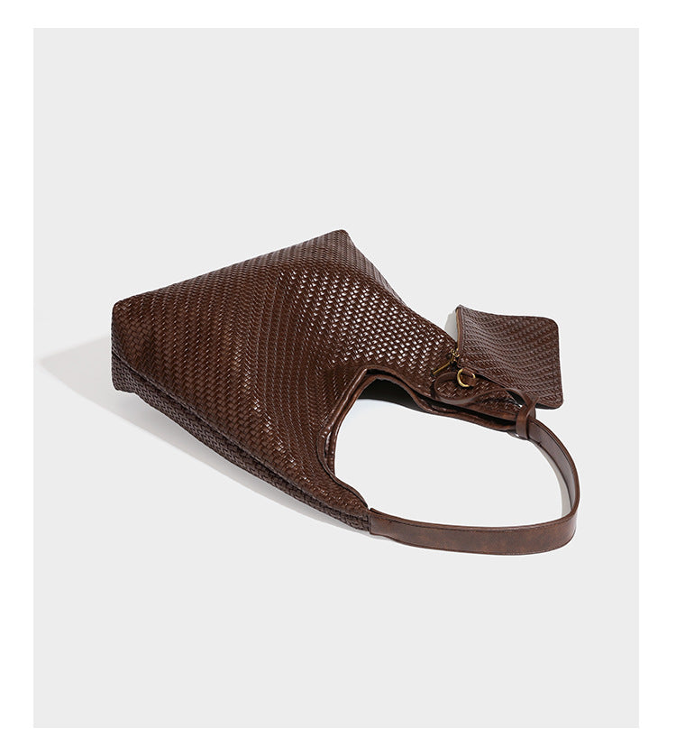 Slouchy woven leather-look hobo tote bag in brown with detachable zip pouch and gold-tone hardware, detail view 17