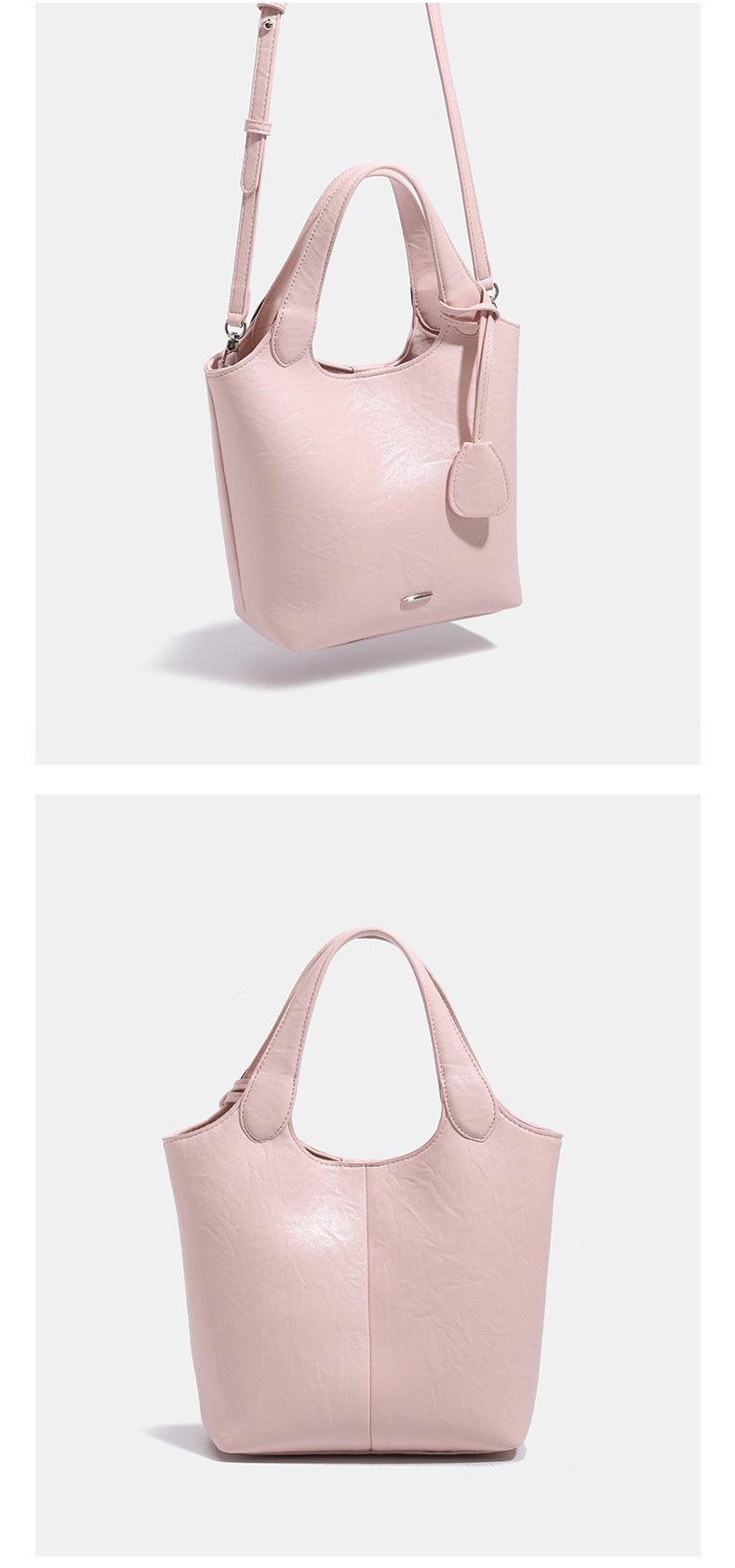 Soft glossy leather-look bucket tote bag with twin handles and detachable crossbody strap, detail view 12