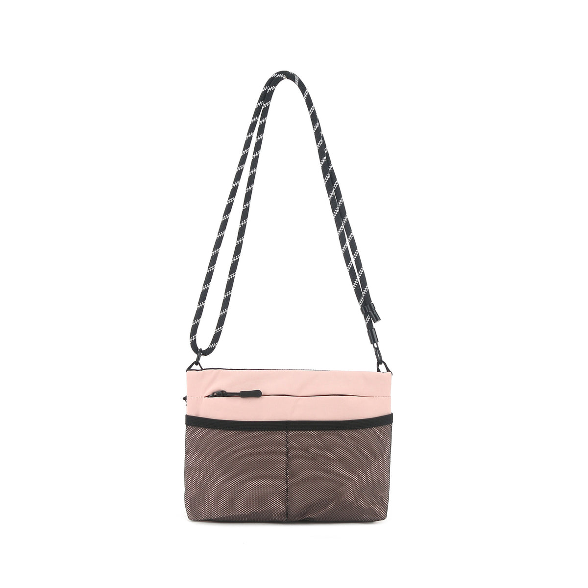 Flat rectangular crossbody bag with mesh front pocket, top zip closure, and adjustable patterned strap, detail view 4