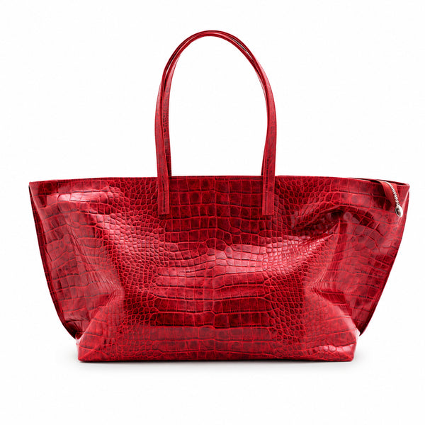 Oversized glossy crocodile-embossed tote bag with long double shoulder straps, detail view 8