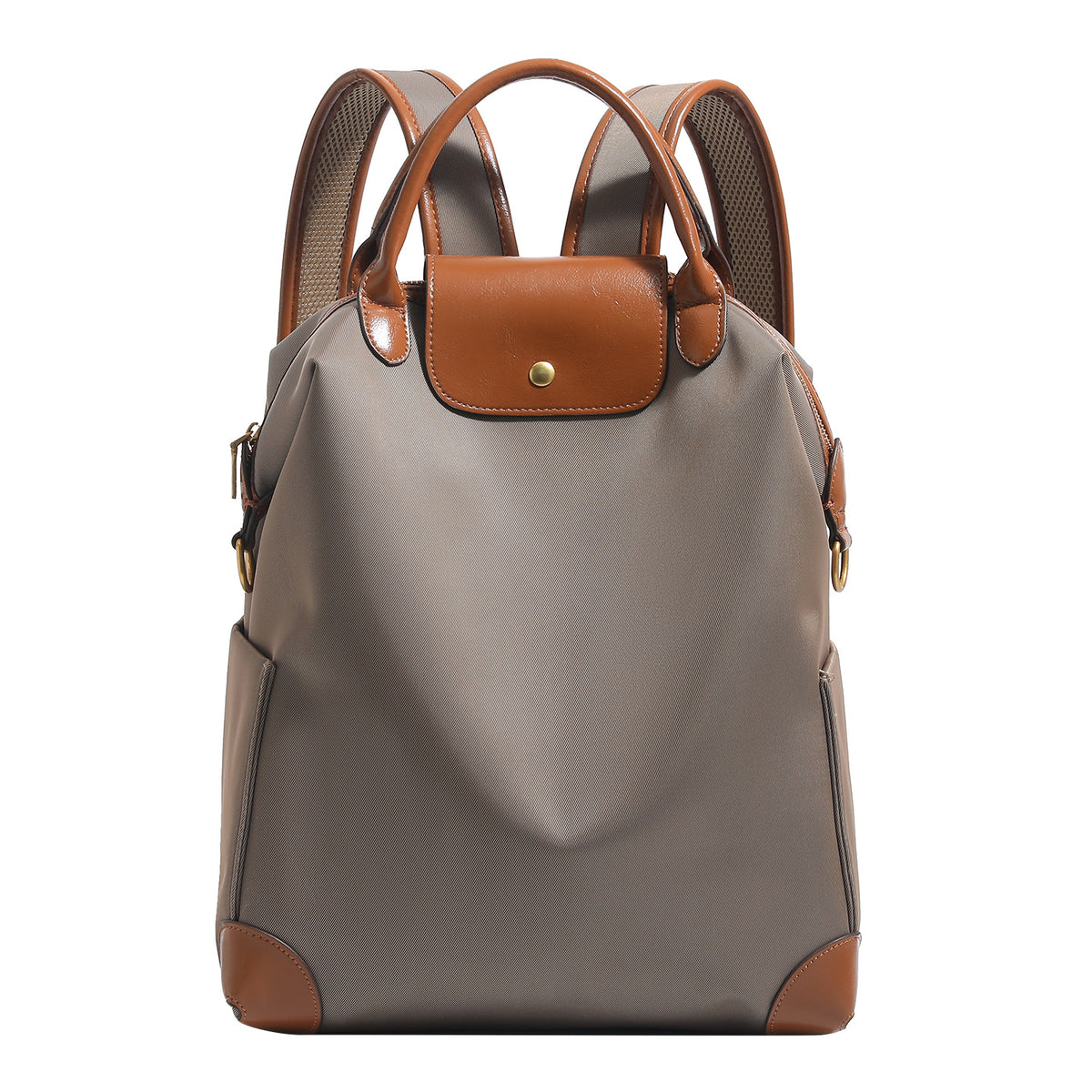 Large matte nylon backpack handbag with cognac leather-look trim, snap flap, and gold-tone hardware, detail view 5