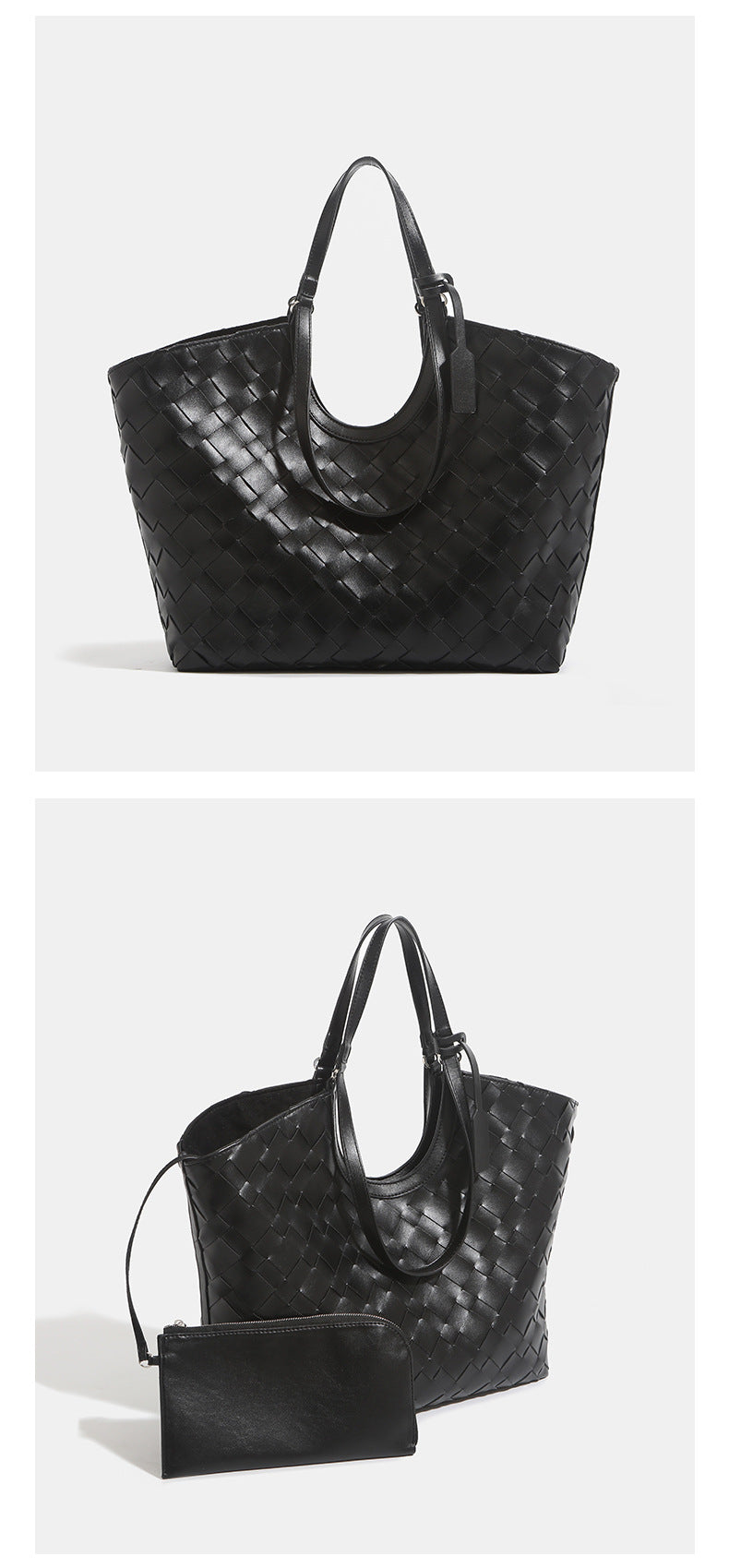 Large woven leather-look tote bag with open top and dual shoulder handles, detail view 9