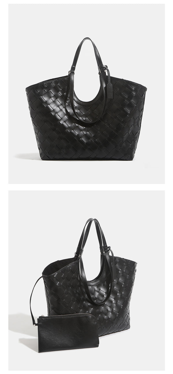 Large woven leather-look tote bag with open top and dual shoulder handles, detail view 9