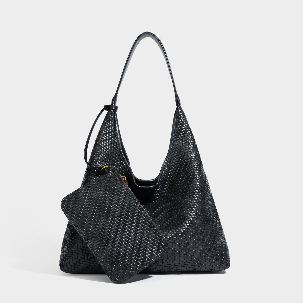 Slouchy woven leather-look hobo tote bag in brown with detachable zip pouch and gold-tone hardware, detail view 10