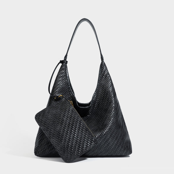 Slouchy woven leather-look hobo tote bag in brown with detachable zip pouch and gold-tone hardware, detail view 10