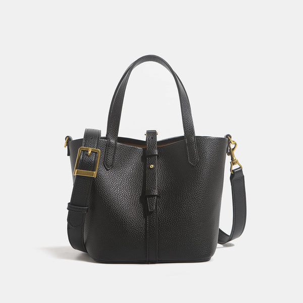 Small structured pebbled leather-look bucket tote bag with dual top handles and silver-tone hardware, detail view 6