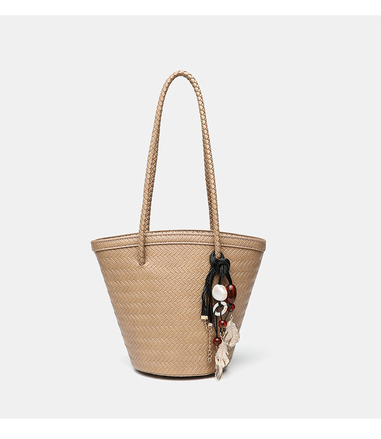 Woven herringbone-texture bucket bag with braided rope shoulder strap in dark brown, detail view 18