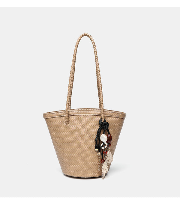 Woven herringbone-texture bucket bag with braided rope shoulder strap in dark brown, detail view 18