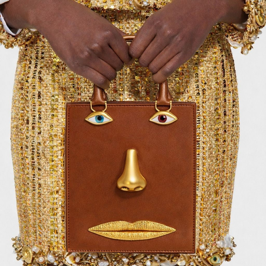 Structured rectangular top-handle bag in tan leather-look finish with gold-tone sculptural face hardware including