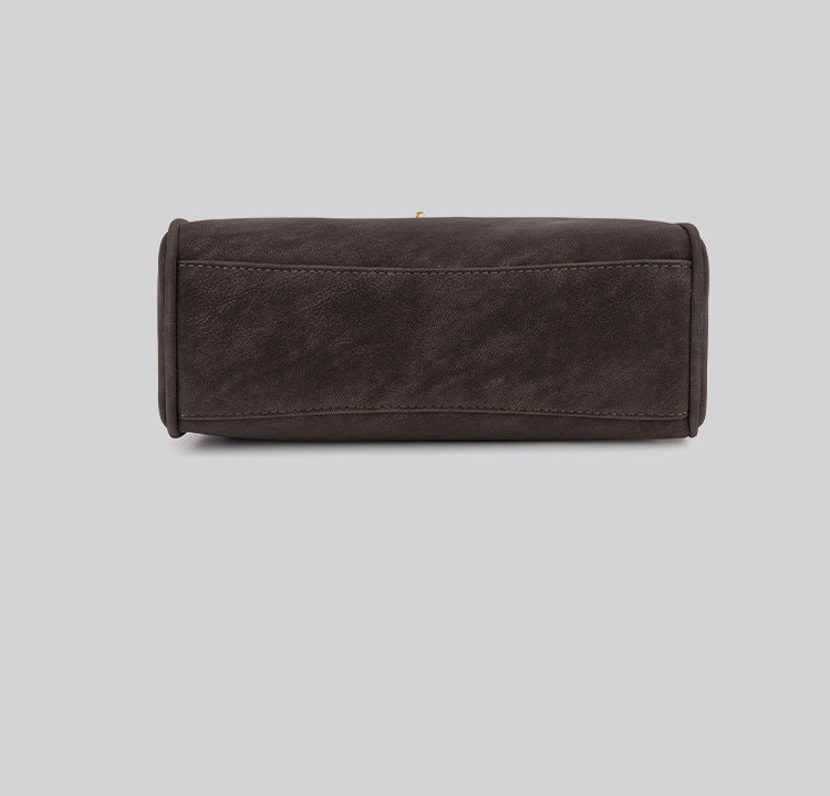 Structured dark brown flap satchel with gold-tone turn-lock hardware and detachable shoulder strap, detail view 20