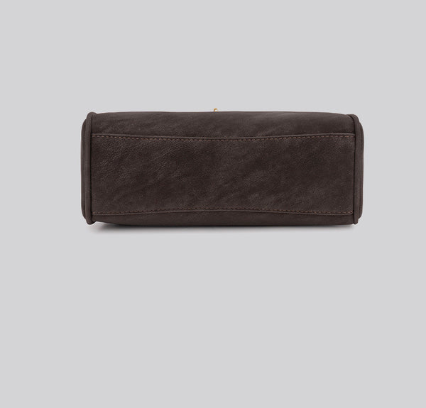 Structured dark brown flap satchel with gold-tone turn-lock hardware and detachable shoulder strap, detail view 20