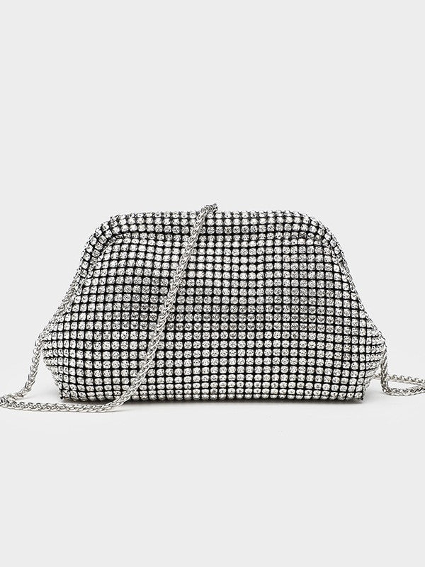 Small crystal rhinestone clutch crossbody bag with silver-tone chain strap and frame-clip closure, detail view 6