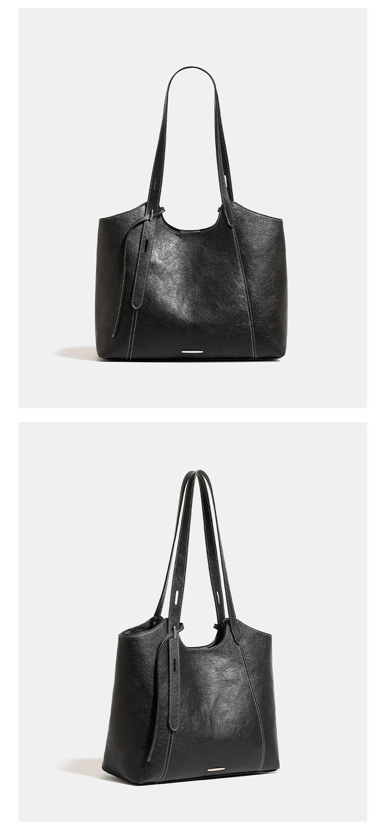 Structured open-top leather-look tote bag with long shoulder straps, contrast stitching, and side tie details, detail view 16