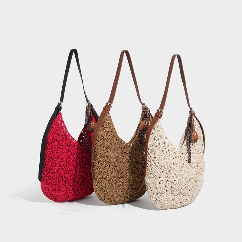 Slouchy wax-rope crochet hobo shoulder bag with leather-look adjustable strap and open lattice weave body, detail view 2