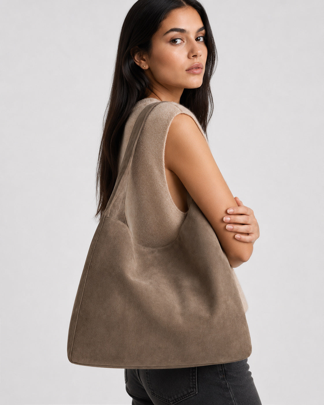 Large slouchy hobo shoulder bag in brushed suede-like finish with single flat strap and unstructured body, detail view 11