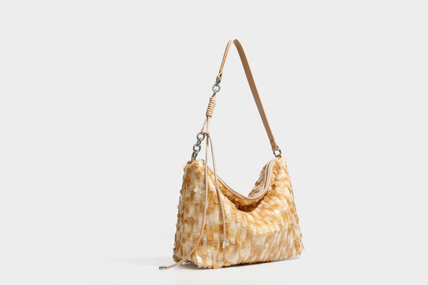 Slouchy paillette sequin hobo shoulder bag with zip closure and adjustable leather-look strap with silver chain hardware