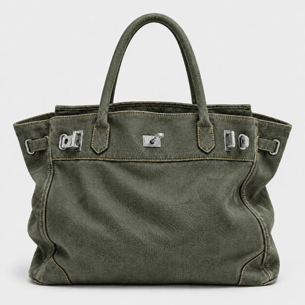 Lässige Tote-Bag aus Denim mit silberfarbenem Drehverschluss, Schnallenbeschlägen und zwei gerollten Henkeln, Detailansicht 14
