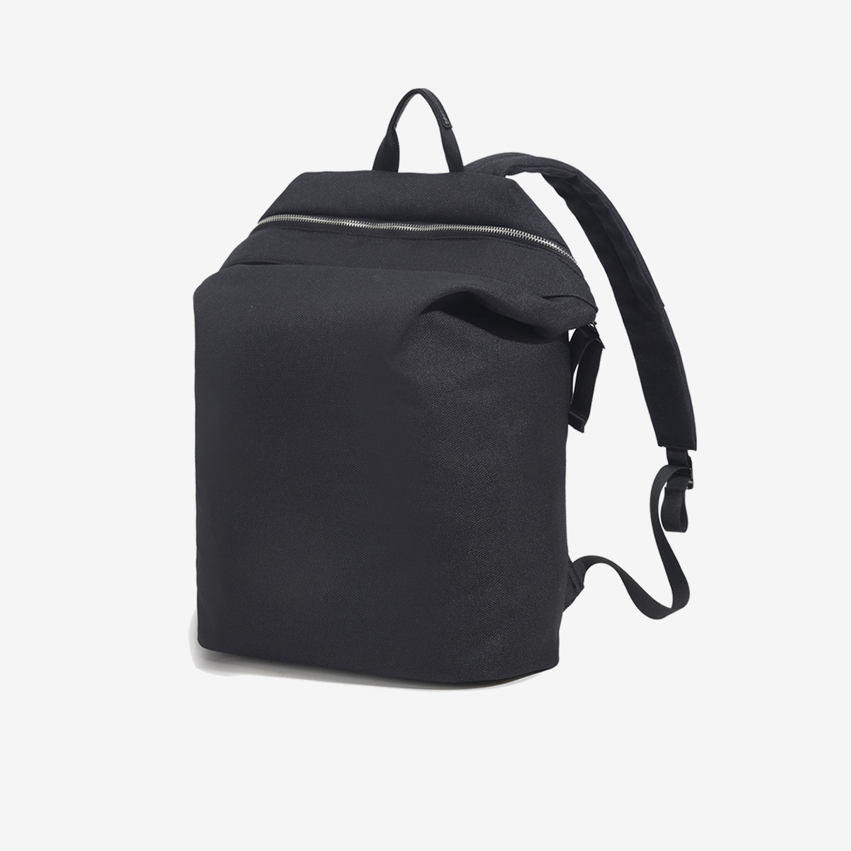 Structured matte-fabric backpack handbag with silver-tone zip closure and top carry handle, detail view 11