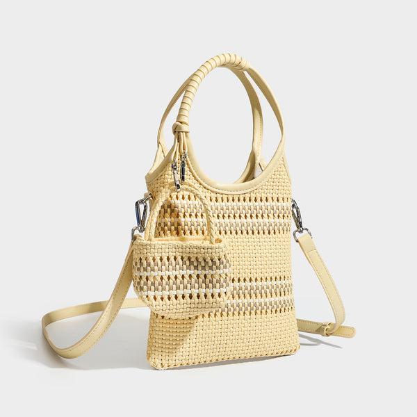 Brown two-tone woven leather-look shoulder bag with braided top handles, detachable mini pouch, and adjustable crossbody