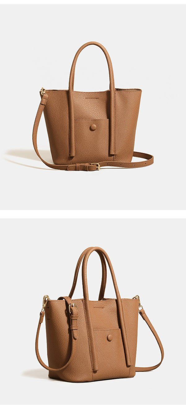 Structured pebbled matte tote bag with front snap pocket, dual top handles, and detachable zip pouch in almond beige, detail