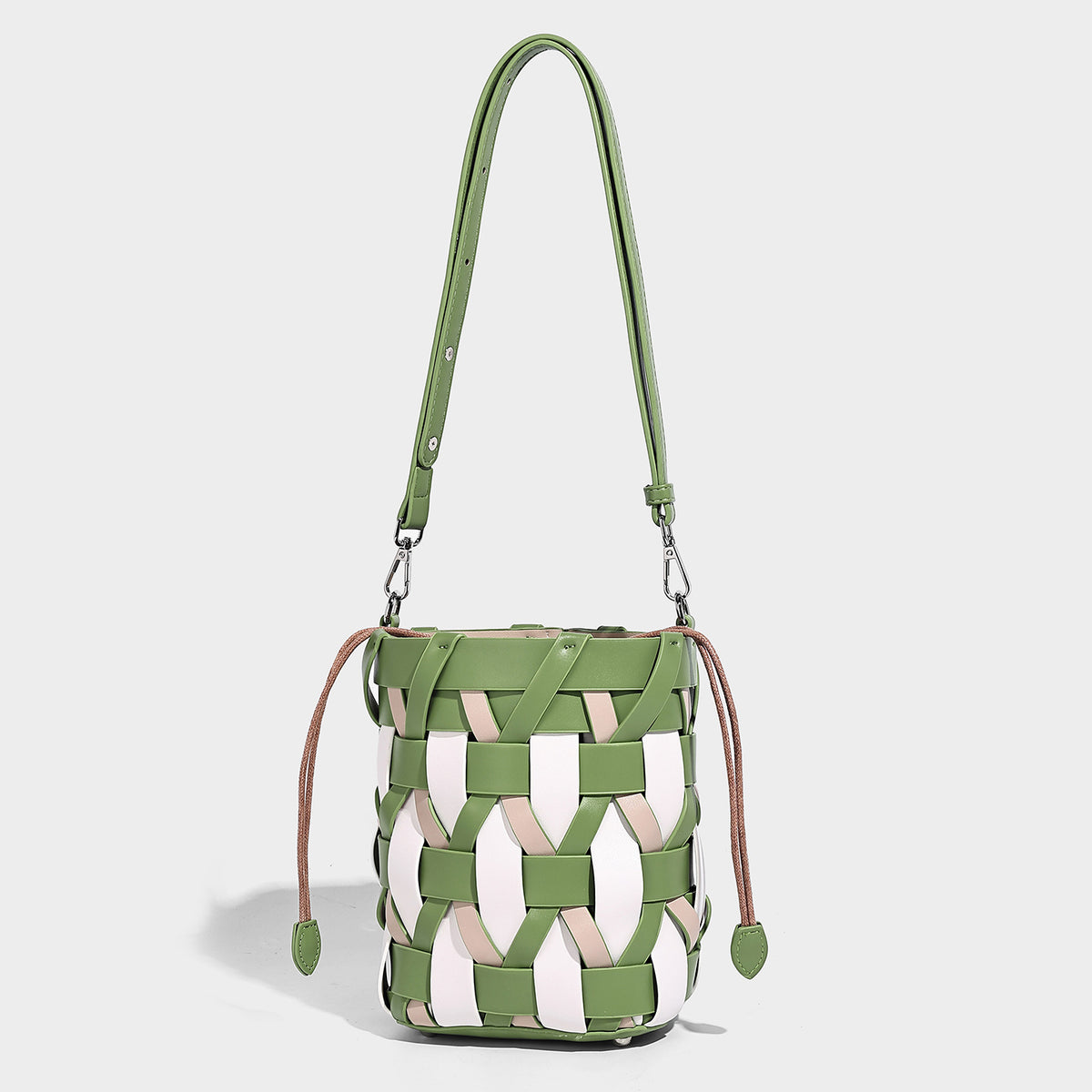 Small woven lattice bucket bag in tan and cream leather-look strips with drawstring top and detachable crossbody strap