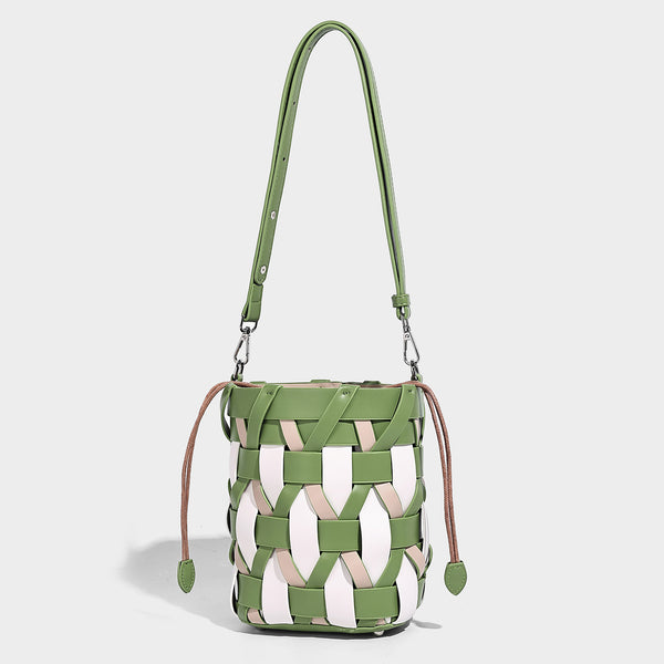 Small woven lattice bucket bag in tan and cream leather-look strips with drawstring top and detachable crossbody strap