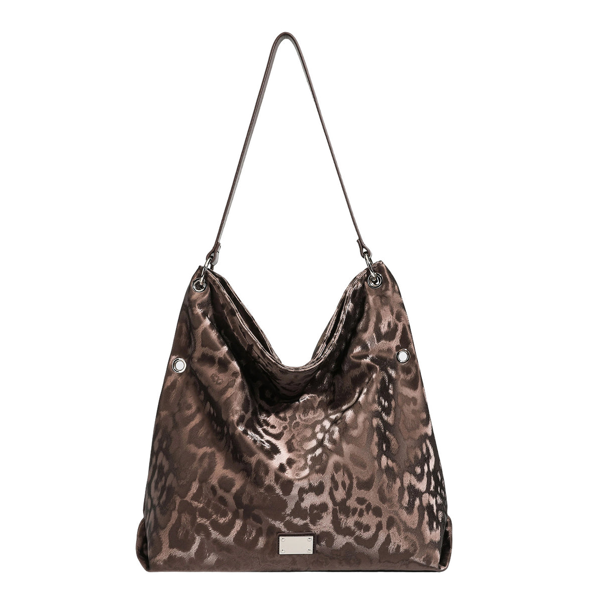 Große, weich fallende Schulter-Tote-Bag mit glänzendem Leopardenmuster in Braun und Schwarz, schmalem Riemen in Lederoptik und silberfarbenen
