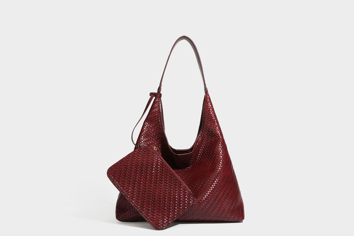 Slouchy woven leather-look hobo tote bag in brown with detachable zip pouch and gold-tone hardware, detail view 47
