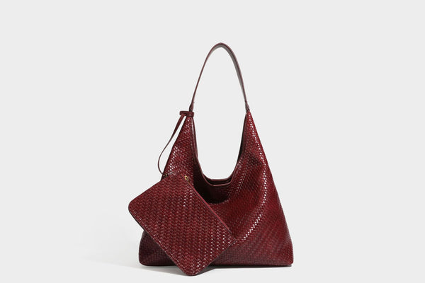 Slouchy woven leather-look hobo tote bag in brown with detachable zip pouch and gold-tone hardware, detail view 47