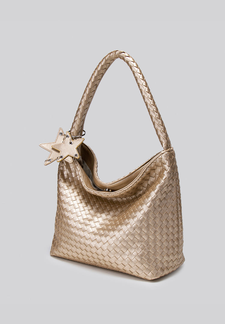 Large woven leather-look hobo shoulder bag with braided strap and star charm, detail view 10