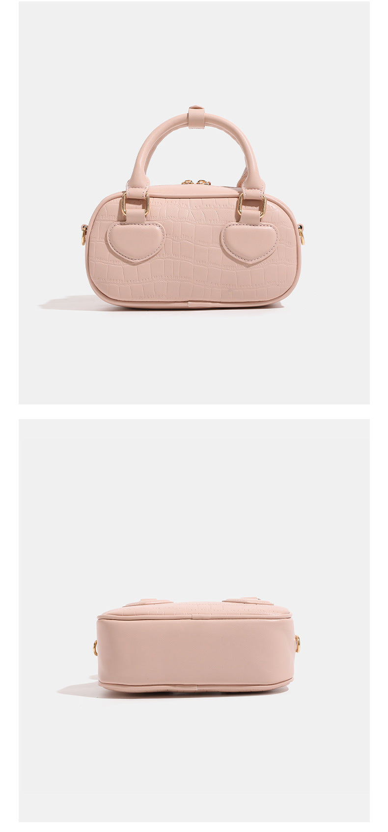 Mini croc-embossed barrel handbag with gold-tone hardware, dual zip top handles, detachable crossbody strap, and fluffy