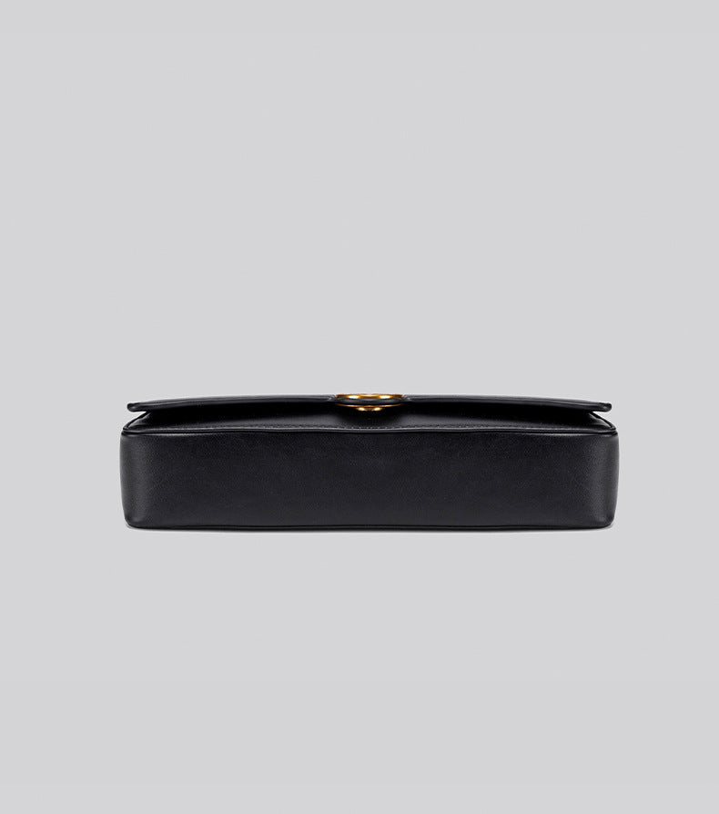 Structured rectangular flap bag with gold-tone circular turn-lock closure and detachable crossbody strap, detail view 12
